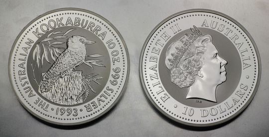 10oz Kookaburra Silbermünzen Kopf und Zahlseite